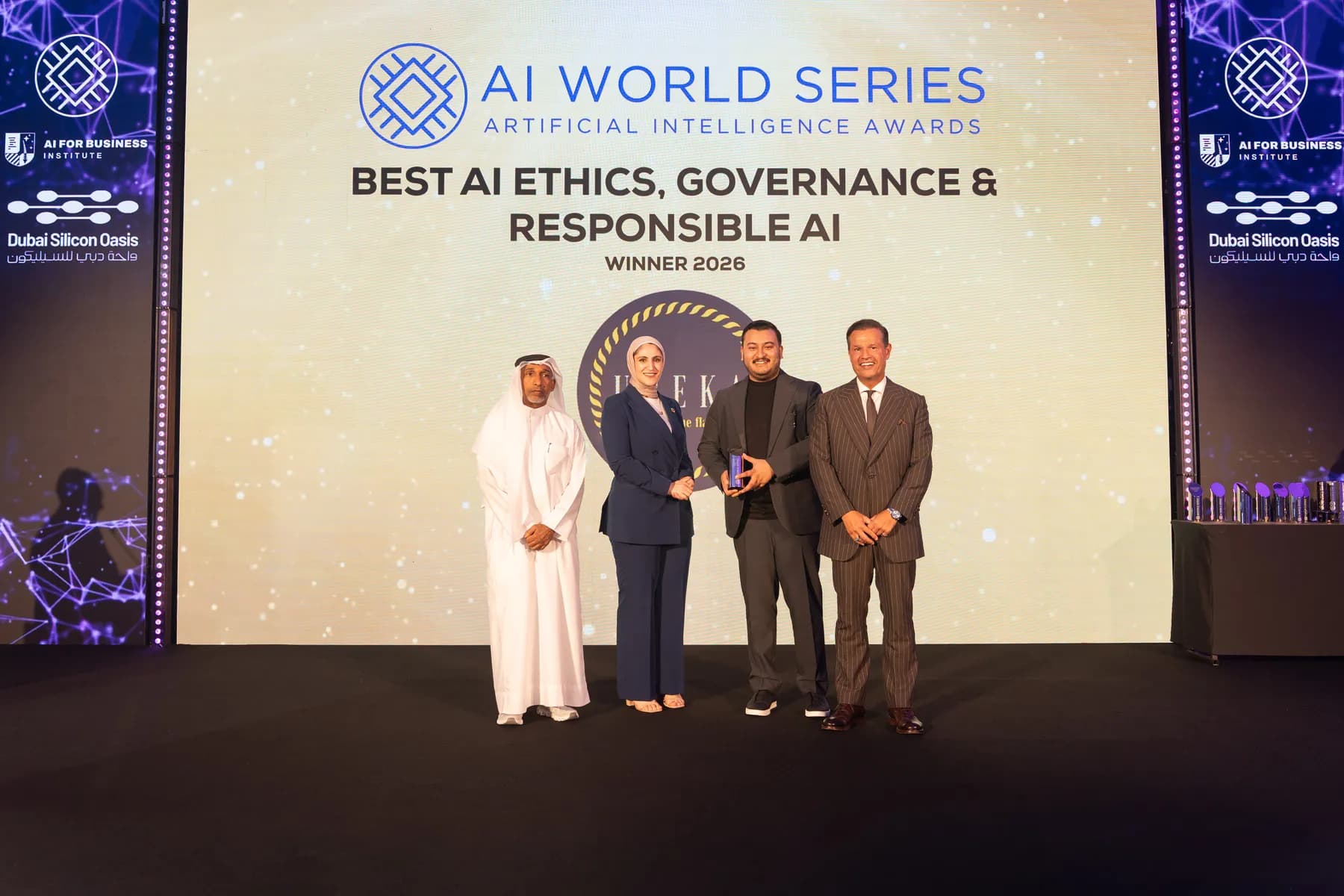 Ureka receiving the AI Ethics, Governance & Responsible AI award at the AI World Series Awards 2026 in Dubai