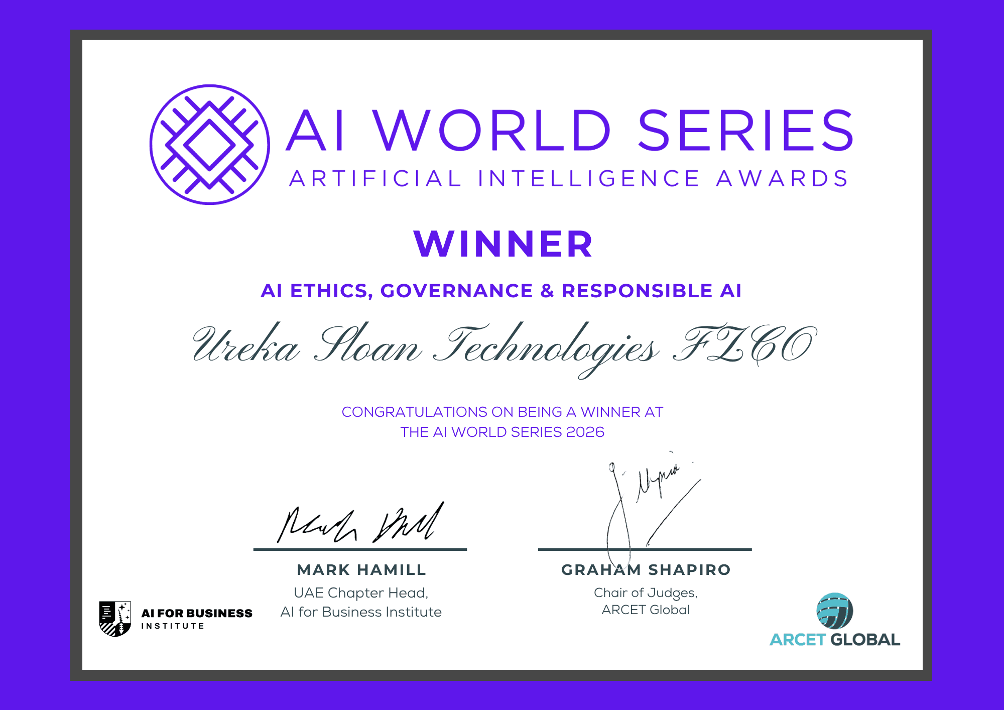 AI World Series 2026 winner certificate for Ureka Learn Technologies FZCO in AI Ethics, Governance & Responsible AI